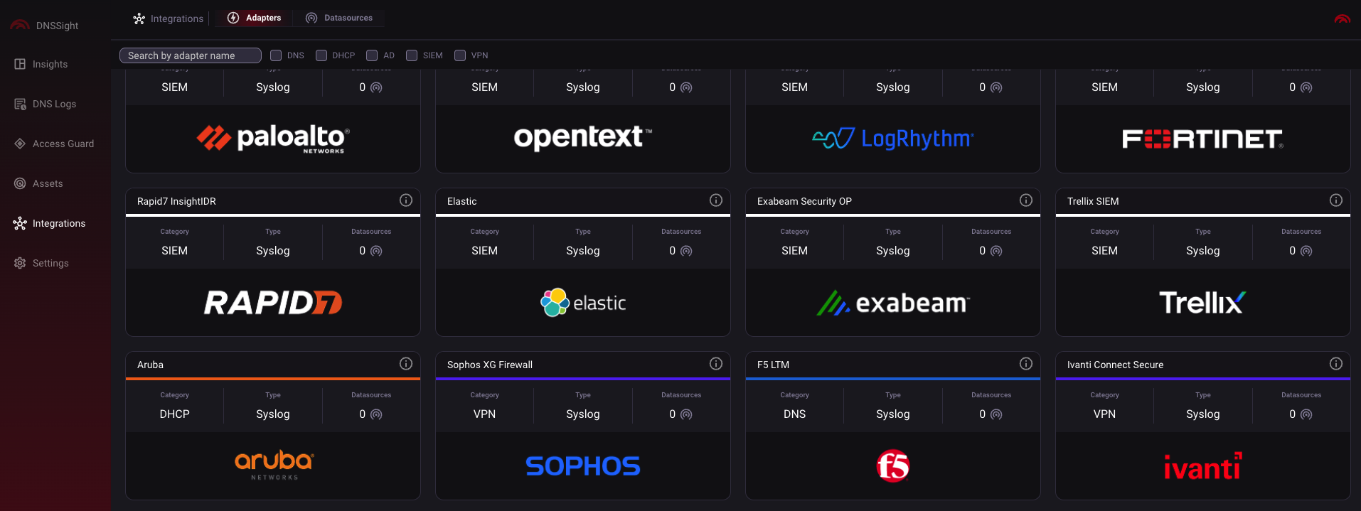 DNSSight integrations gallery with vendor logos